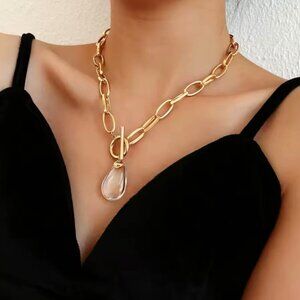 New Chunky Chain Necklace Cleat Crystal Pendant Toggle Clasp 18K Plated